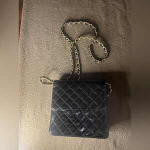 Talbots Black Quilted Patent Crossbody Bag Gold Chain Strap
